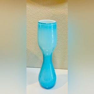 Vintage hand blown sky blue encased glass vase, 14”